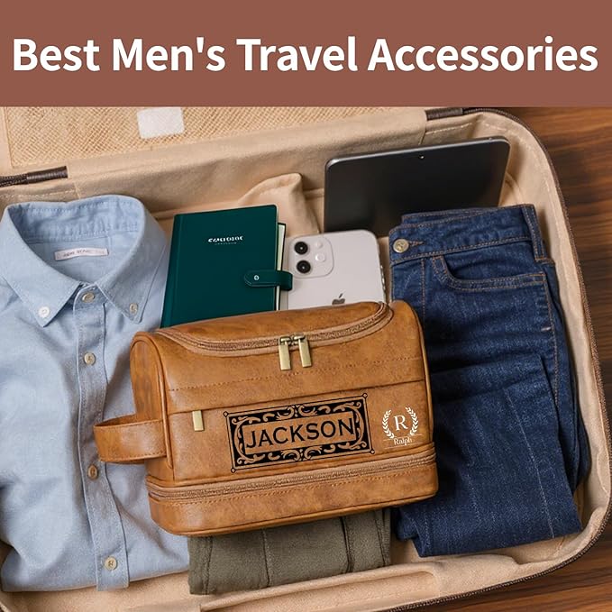 Personalized Toiletry Bag For Men, Large Capacity Travel Doop Kit, Vintage Color PU Leather, Custom Name Initials, Gifts for Dad, Husband, Boyfriend, Groomsmen, Birthday (Style 5)