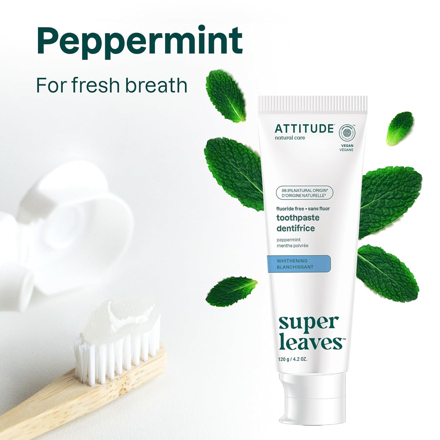 Attitude Fluoride-Free Whitening Toothpaste, Peppermint Flavor, Vegan & Cruelty-Free, Sugar-Free, Plant & Mineral-Based Ingredients, Clean Oral Care, 4.2 Oz