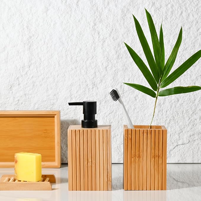 Natural Bamboo Toothbrush Holder, Fluted Square Design for Countertop, Multipurpose Pen Holder or Desktop Organizer, Natural