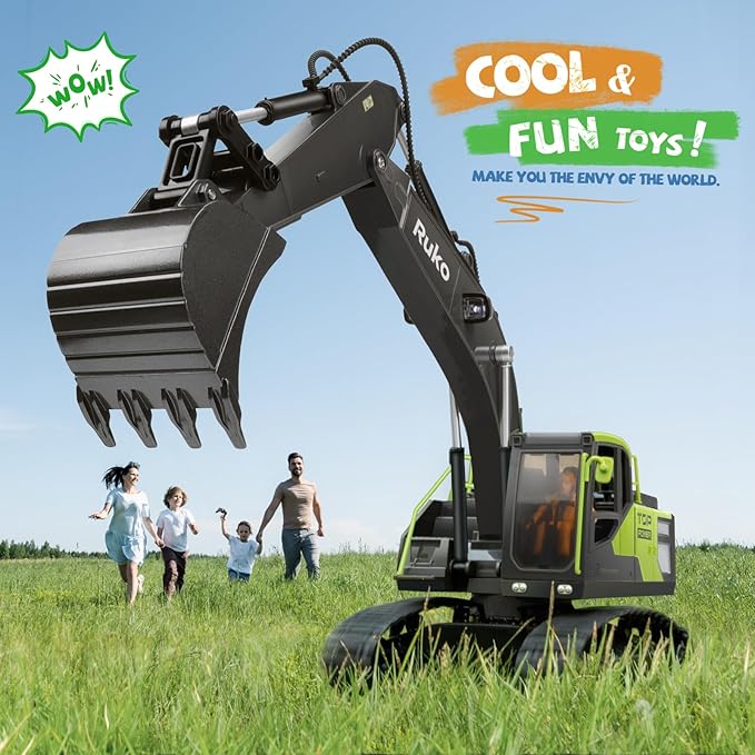 Ruko 1661 Remote Control Excavator Toys for Boys, 2.4Ghz RC Construction Vehicles with Metal Shovel & Simulated Lights Gift for Kids