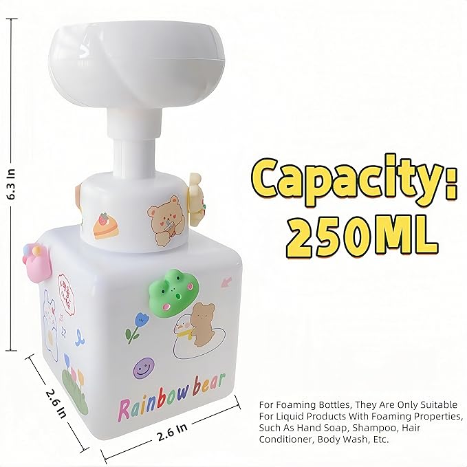 Flower Foam Dispenser Pump Bottle-250ml Reusable Plastic Soap Dispenser for Shampoo, Hand Soap&Bath, Includes Cute Stickers, Perfect for Kids Bathroom Or Kitchen (Transparent)