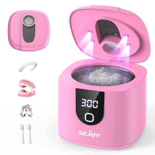 Sejoy 45kHz Ultrasonic Retainer Cleaner, U-V Double Denture Cleaning Machine with Digital Timer, Cleaner for Braces, Mouth Guards, Rings, Toothbrush