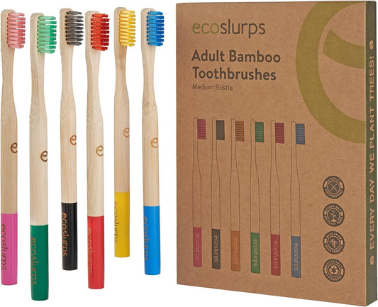 EcoSlurps 6 Bamboo Toothbrushes Multipack - Award Winning Round Handle Soft Medium Bristle Wooden Toothbrush Family Set Bulk (6 Pack)
