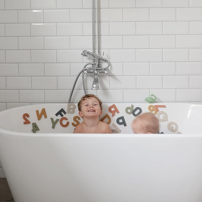 mushie Foam Letters & Numbers Bath Play Set (Original) | 26 Pieces for Ages 3 Years+ | Floating Foam for Kids and Toddlers