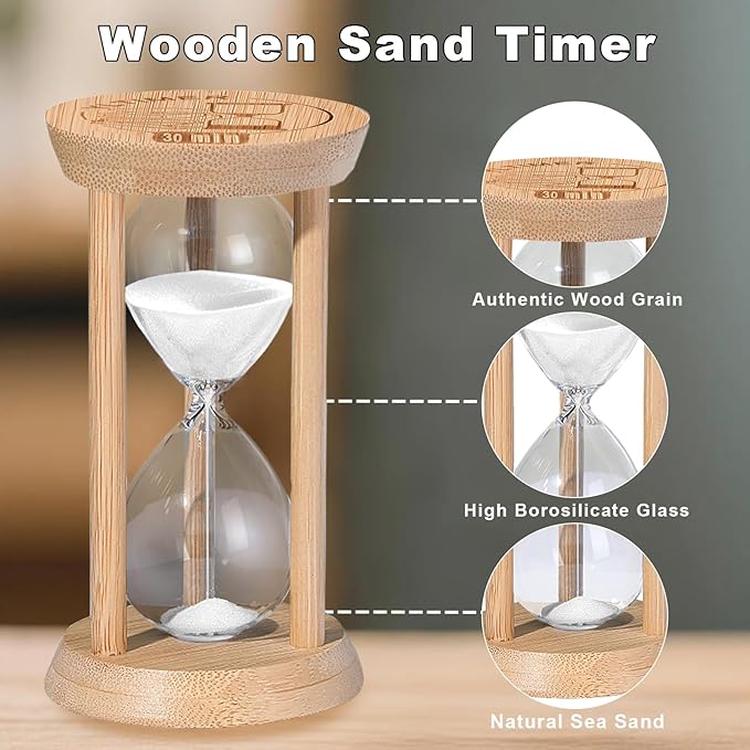 20 Minute Wooden Sand Timers,Large Bamboo White Sand Hourglass for Productivity, Meditation & Decor, 20 Min Reloj De Arena Sand Watch for Kitchen, Office,Classroom (White)