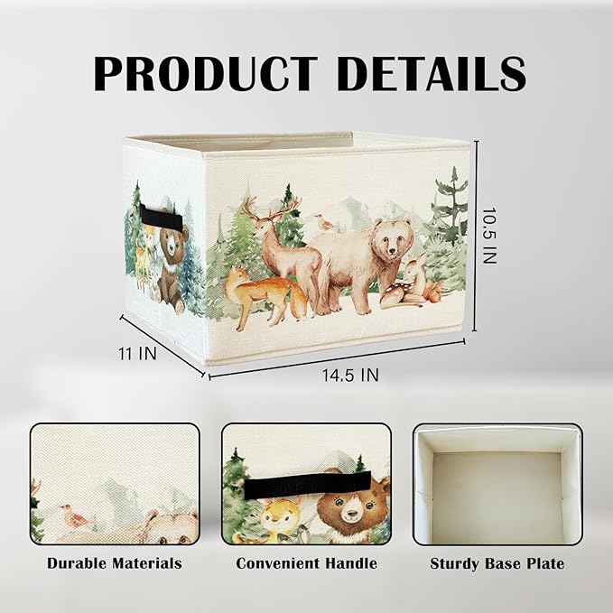 Rectangular Kids Storage Basket with Handles,Toy Baskets Storage Kids,Cute Animal Woodland Foldable Nursery Decorative Baskets for Kids Girls Room Dorm Bedroom Bathroom Clothes Toys Books