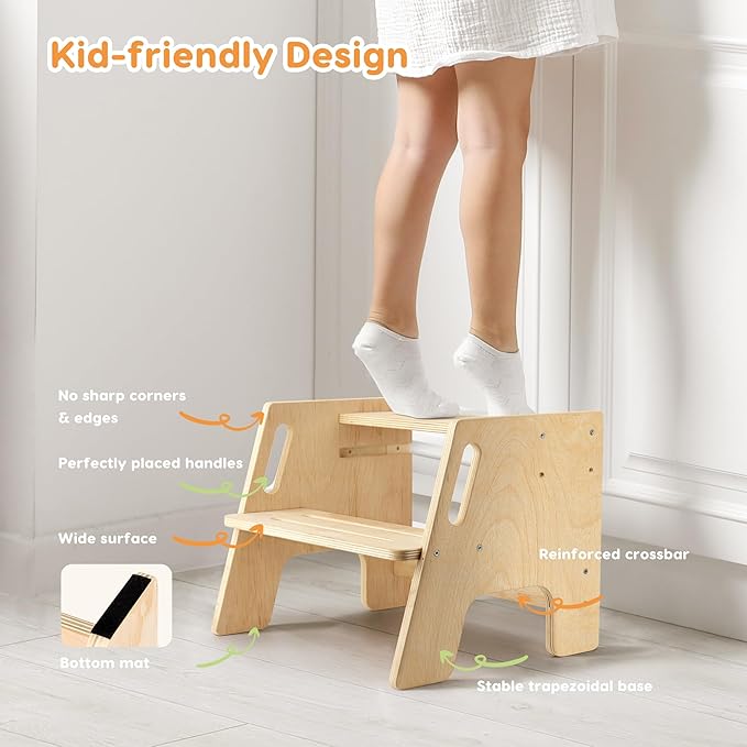 Toddler Step Stool, Wooden Stepping Stool for Kids, 2 Step Stool with Adjustable Height, Potty Training Stool with Handles Pads for Bathroom Sink, Kitchen, Bedroom