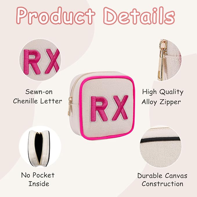 Small Canvas Rx Medicine Packages, Cute Chenille Letter Patch Drug Makeup Bag with Metal Zipper, Mini Travel First Aid Purse Organizer Machine Washable (02Hot Pink)