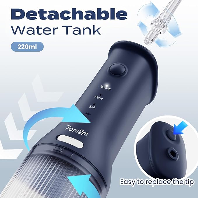 7AM2M Portable Cordless Water Flosser, Oral Irrigator with 3 Modes & 2 Tips, Fast Rechargeable, IPX7 Waterproof, Dental Water Flosser for Travel and Home Use (Navy Blue)