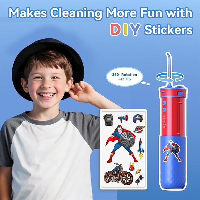 JTF Kids Water Dental Flosser: Rechargeable Portable Oral Irrigator with 4 Flossing Modes 230ml Tank 4 Tips Travel Bag Waterproof Stickers, Cordless Electric Flossers for Teeth Gum Braces Care, Age 6+