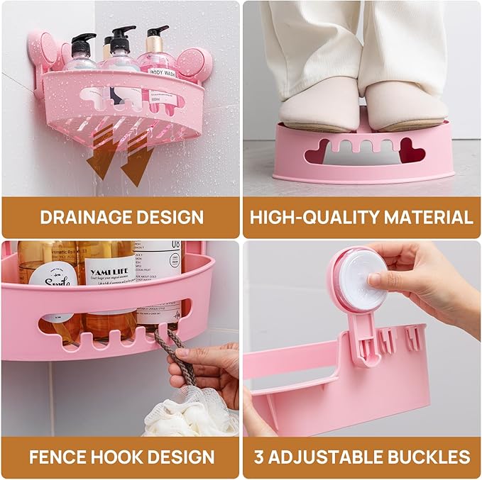 LEVERLOC Corner Shower Caddy Suction Cup, Powerful Suction Bathroom Shower Shelf, Waterproof and Rustproof Organizer for Bathroom Storage and Kitchen, No-Drilling Removable, Pink