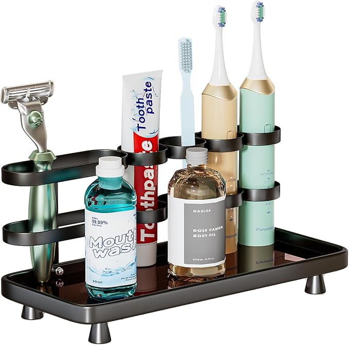 Electric Toothbrush Holder for Bathroom Countertop 5 Metal Slots Toothpaste Razor Mouthwash Organizer, Black