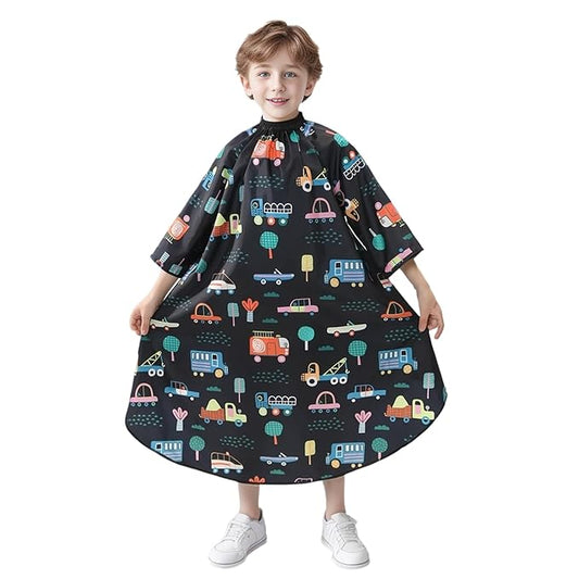 PERFEHAIR Kids Haircut Cape with Sleeves - Cute Cars Printing, Adjustable Neck Collar, Comfortable Barber Cape for Boys & Girls, Ideal for Home or Salon Use, Professional Hair Cutting Apron