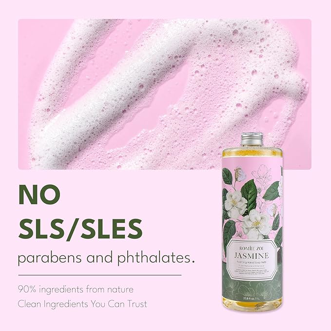 ROMIIE ZOI Natural Jasmine Foaming Hand Soap Refills 3-Pack (33.8 Fl Oz Each) with Dispenser - Plant-Based, Non-Toxic, Large Volume for Kitchen, Bathroom - Great Value Gift Set for Housewarming