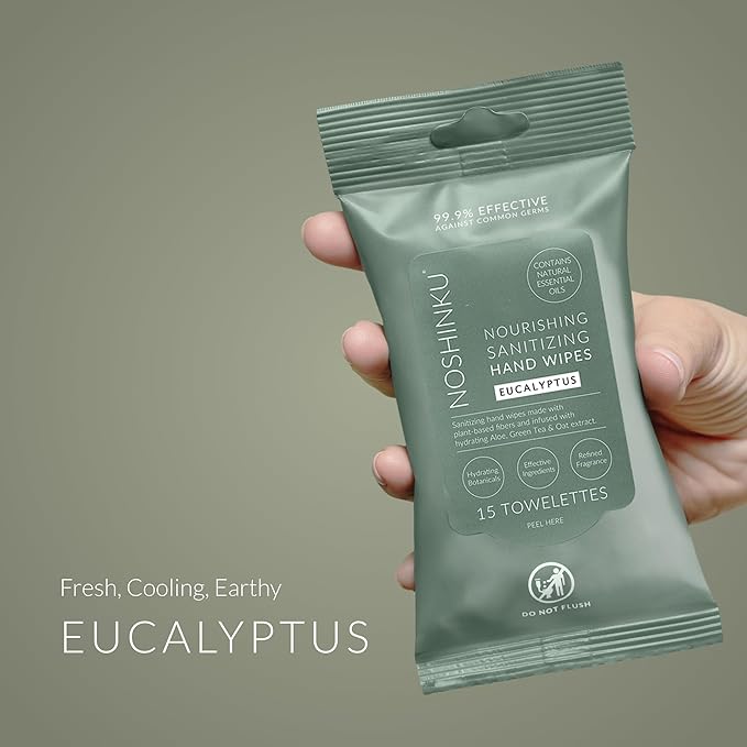 Noshinku Eucalyptus Hand Sanitizer Wipes, 6-Pack (90 Towelettes) – Resealable Travel Wipes with Ethyl Alcohol, Aloe & Green Tea, Plant-Based Fiber, Essential Oil Scents, Cruelty-Free & No Dyes