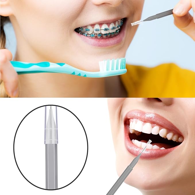 Patelai 100 Pieces Braces Brush for Cleaner Interdental Brush Toothpick Dental Tooth Flossing Head Oral Dental Hygiene Flosser Toothpick Cleaners Tooth Cleaning Tool(Blue, Grey,Mixed Sizes)