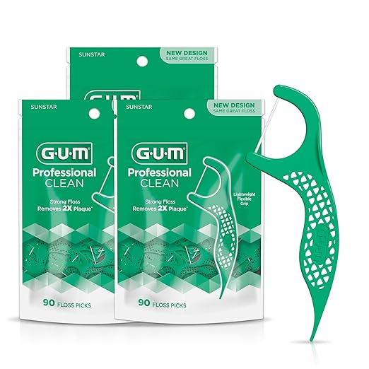 GUM Professional Clean Floss Picks - Extra Strong Shred-Resistant Floss, Easy Grip Handle - Dental Flossers for Adults - Fresh Mint Flavor, 90 Count (Pack of 3)