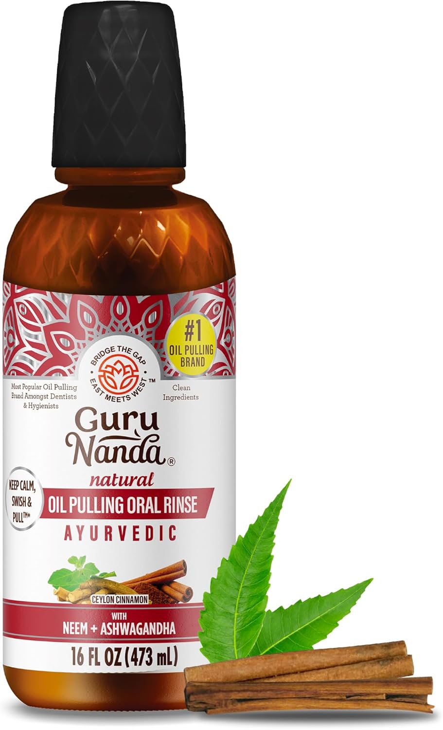 GuruNanda Cinnamon Oil Pulling Mouthwash, Promotes Calmness, with Neem & Ashwagandha for Fresh Breath & Happy Gums, Alcohol-Free, 16 Oz
