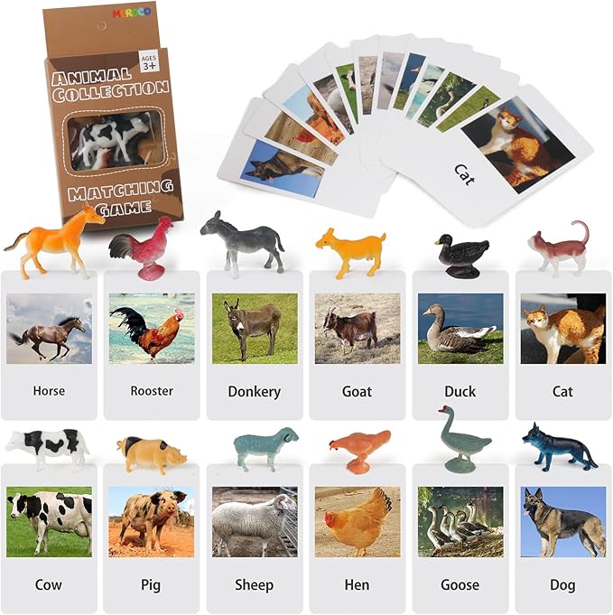 MEROCO Montessori Animal Match Cards Miniature Poultry Animals with Matching Cards - 2 Part Montessori Learning Toy, Language Materials TZX106