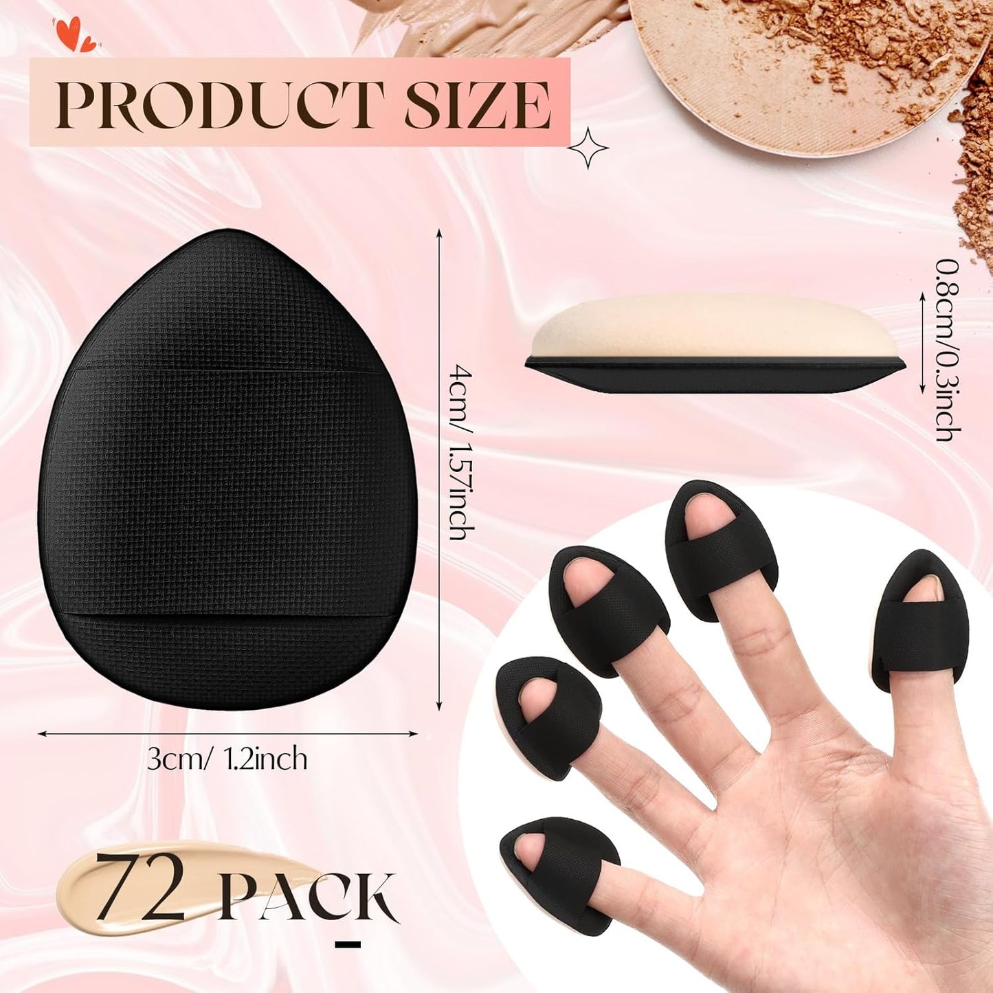 72 Pcs Finger Powder Puff Mini Makeup Sponge Soft Beauty Makeup Blender Puff for Foundation, Face Powder, Under Eye Setting, Concealer, Repair Cream, Cosmetic Tool (Black)