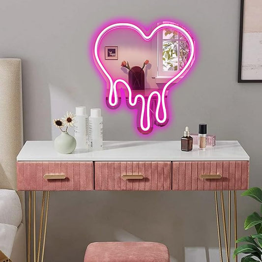 Heart Mirror Neon Sign Heart Neon Wall Art Sign for Wall Decor LED Neon Mirror Light Sign for Girls Room Bedroom Wedding Birthday Party