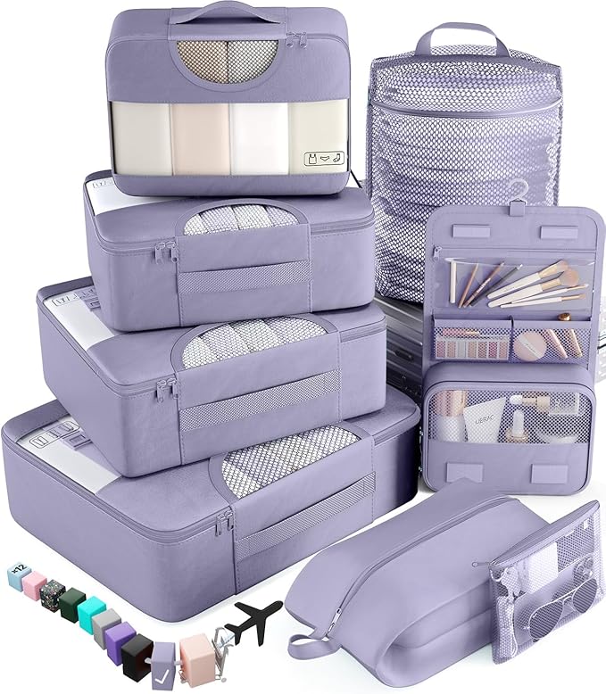 Veken 8 Set Packing Cubes for Travel Essentials, Suitcase Organizer Bags in 4 Sizes, Carry-On Luggage Accessories with Large Laundry & Hanging Toiletry Bag, Must-Have for Airplane, Road Trip & Camping