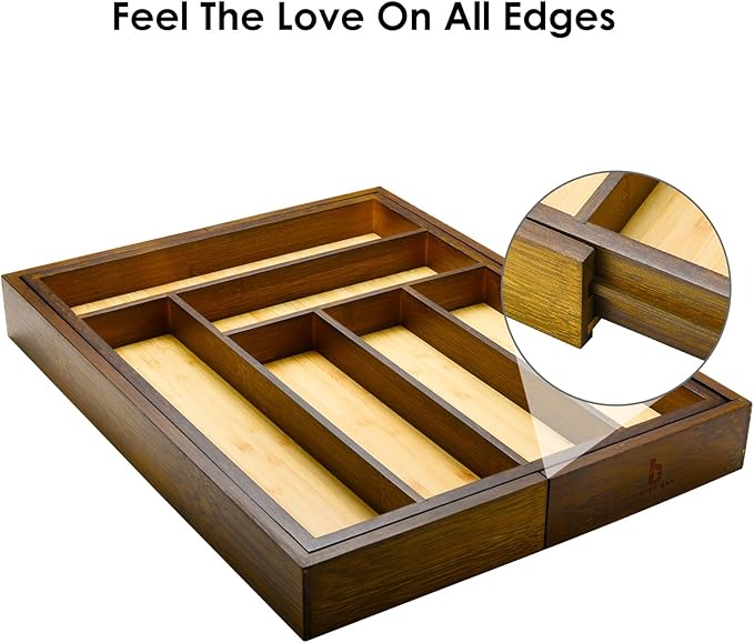Cozee Bay Bamboo drawer organizer, utensil holder, silverware organizer, and adjustable cutlery tray with drawer dividers, for kitchen, office desk, and bathroom storage (Vintage Brown)