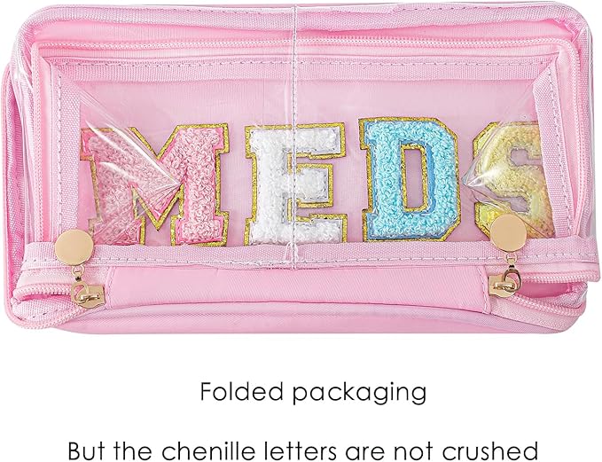 Large Waterproof Chenille Letter Medicine Clear Makeup Bag, Transparent PVC Nylon Preppy Patch Cosmetic Bag with Handle, Portable Meds First Aid Travel Organizer Cosmetic Bag (07MEDS- Black)