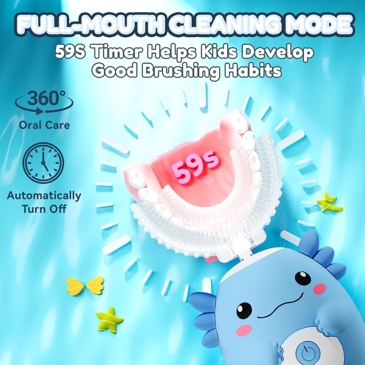 Kids Electric U Shaped Toothbrush - Axolotl Kids Rechargeable Sonic Toothbrush with 6 Brush Heads Full Mouth 6 Cleaning Modes - Age2-15 Blue
