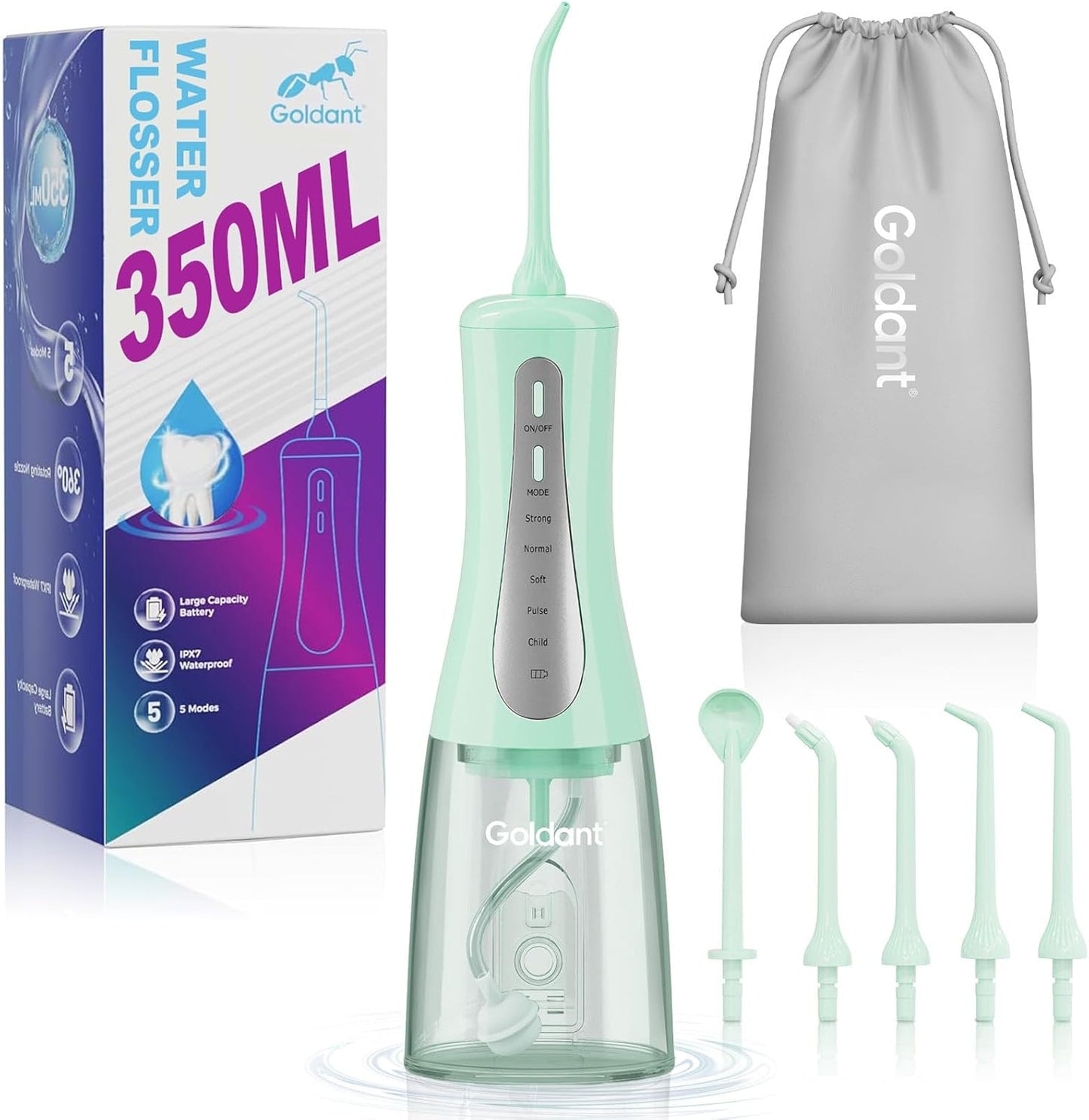 350ML Water Dental Flosser Teeth Pick with Travel Bag, 5 Modes Portable Cordless Oral Irrigator Cleaner, Electric Rechargeable IPX7 Waterproof for Home Travel Teeth Cleaning flossing (Green)