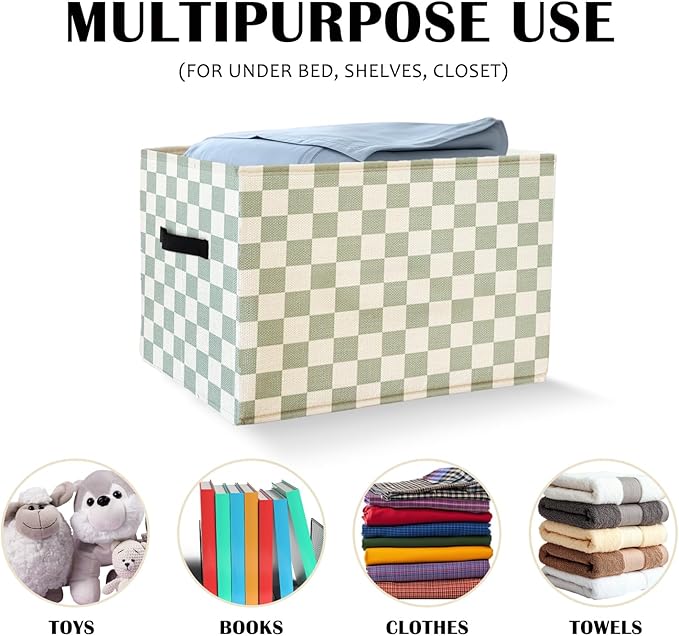 Sage Green Checkered Storage Basket Organizer Bins With Handles,Rectangular Organizing Decorative Storage Basket for Kids,Cute Aesthetic Checkered Room Decor for Bedroom Bathroom Classroom