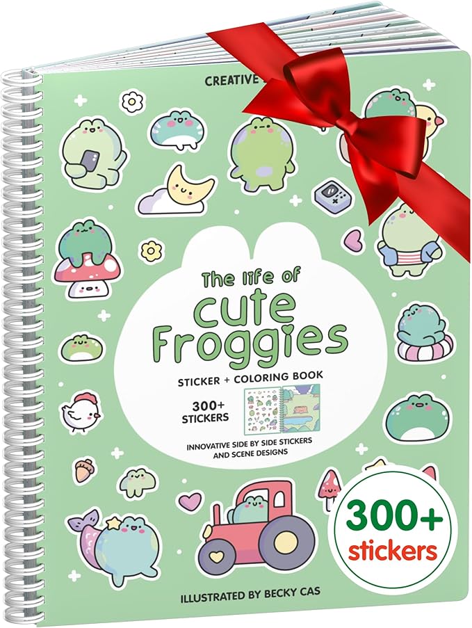 Cupkin Frogs Sticker Book Activity for Kids, Toddler Airplane Travel Essentials, 300+ Brogs Stickers for Kids + 8 Scenes + Coloring Book Pages, Rabbit Lover Gift, Children's Crafts Ages 2-8