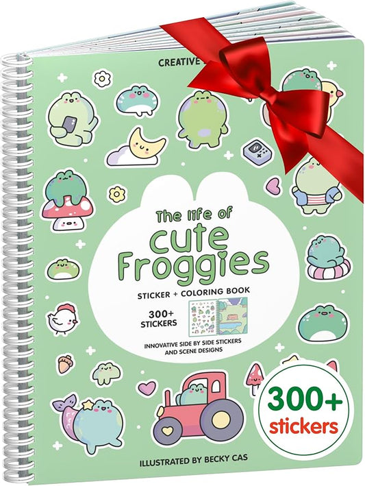 Cupkin Frogs Sticker Book Activity for Kids, Toddler Airplane Travel Essentials, 300+ Brogs Stickers for Kids + 8 Scenes + Coloring Book Pages, Rabbit Lover Gift, Children's Crafts Ages 2-8