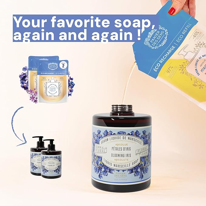 Panier des Sens - Liquid Hand Soap Refills – Blooming Iris Foaming Hand Soap Refill – French Coconut Oil Moisturizing Hand Wash - Kitchen & Bathroom Hand Wash- Soft Soap Refill 96% Natural - 34 Floz
