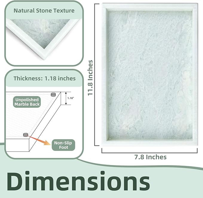 Yew & Tulip Natural Marble Vanity Tray, Luxury Stone with Light Green Textures Serving Tray for Bathroom, Kitchen, Vanity, Home Decor, Wedding etc. (12" x 8" x 1.2")