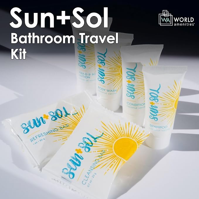 World Amenities Sun+Sol Mini Travel Size Hotel Toiletries Bathroom Kit - Case of 25 Sets - Warm Coconut & Vanilla - Shampoo, Conditioner, Body Wash, Lotion, Cleansing Bar, Soap Bar