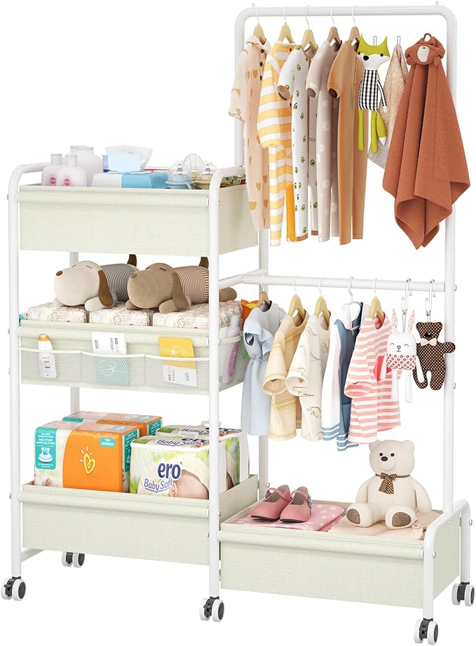 2in1 Baby Diaper Caddy & Clothes Organizer and Storage Rolling Cart, Large Capacity Nursery Organization For Baby Dresser,Changing Table, Crib, With 2 Dividers & 7 Pockets,White