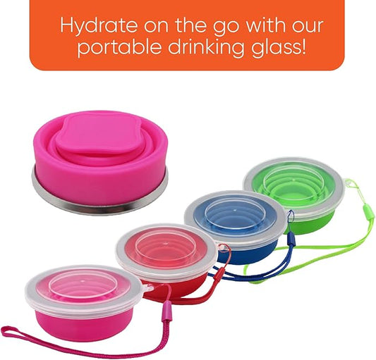 Collapsible Drinking Cup (Pack of 4) - Reusable Travel Mug - Silicone Drinking Glass for Hiking, Picnic, Camping & More - Small Portable cup for Outdoors - Folding Cups with Lids