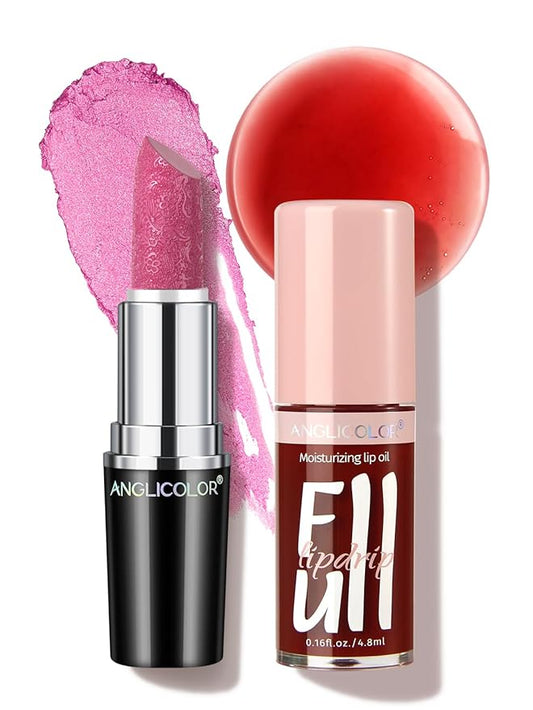 Anglicolor 2PC Lip Oil and Metallic Glitter Pink Lipstick,Natural Lip Plumper,Fruit Flavoured Lip Oil,For Dry Lip's Moisturizing Hydrating,Vegan & Cruelty-free (05 Athena+15)