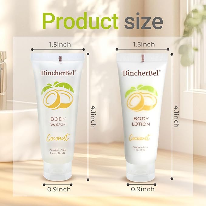 DincherBel Travel Size Body Wash and Body Lotion - Bulk Hotel Toiletries Supplies for Guests - Refreshing Tropical Coconut Scent Shower Gel and Body Cream for Men & Women (1 Fl Oz, 100 Pack)