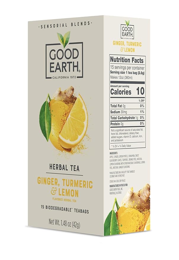 Good Earth Sensorial Blend Flavored Herbal Tea Ginger, Turmeric and Lemon, No Artificial Color, No Preservatives, 15 Bag (Pack of 5)