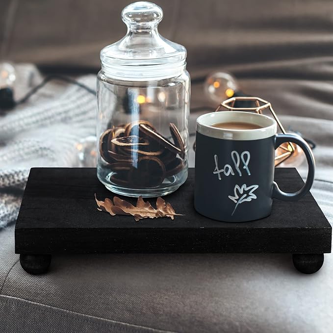 Amyhill Wood Pedestal Stand Kitchen Soap Tray Farmhouse Wooden Riser Stand for Kitchen Bathroom Counter Table Decor Plant Candle Vases Display (Black, 9 x 6 Inch)