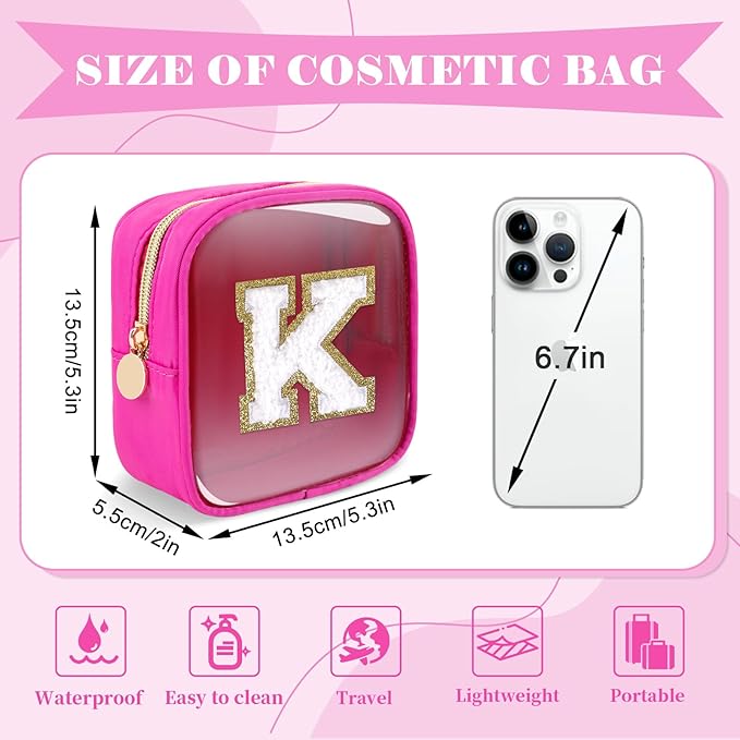 Personalized Initial Letter Clear Preppy Makeup Bag,Mini Nylon Chenille Letter Cosmetic Bag Cute Zipper Pouch Coin Purse for Teen Girls,Portable TSA Approved Travel Essentials Bag Gift for Women,K