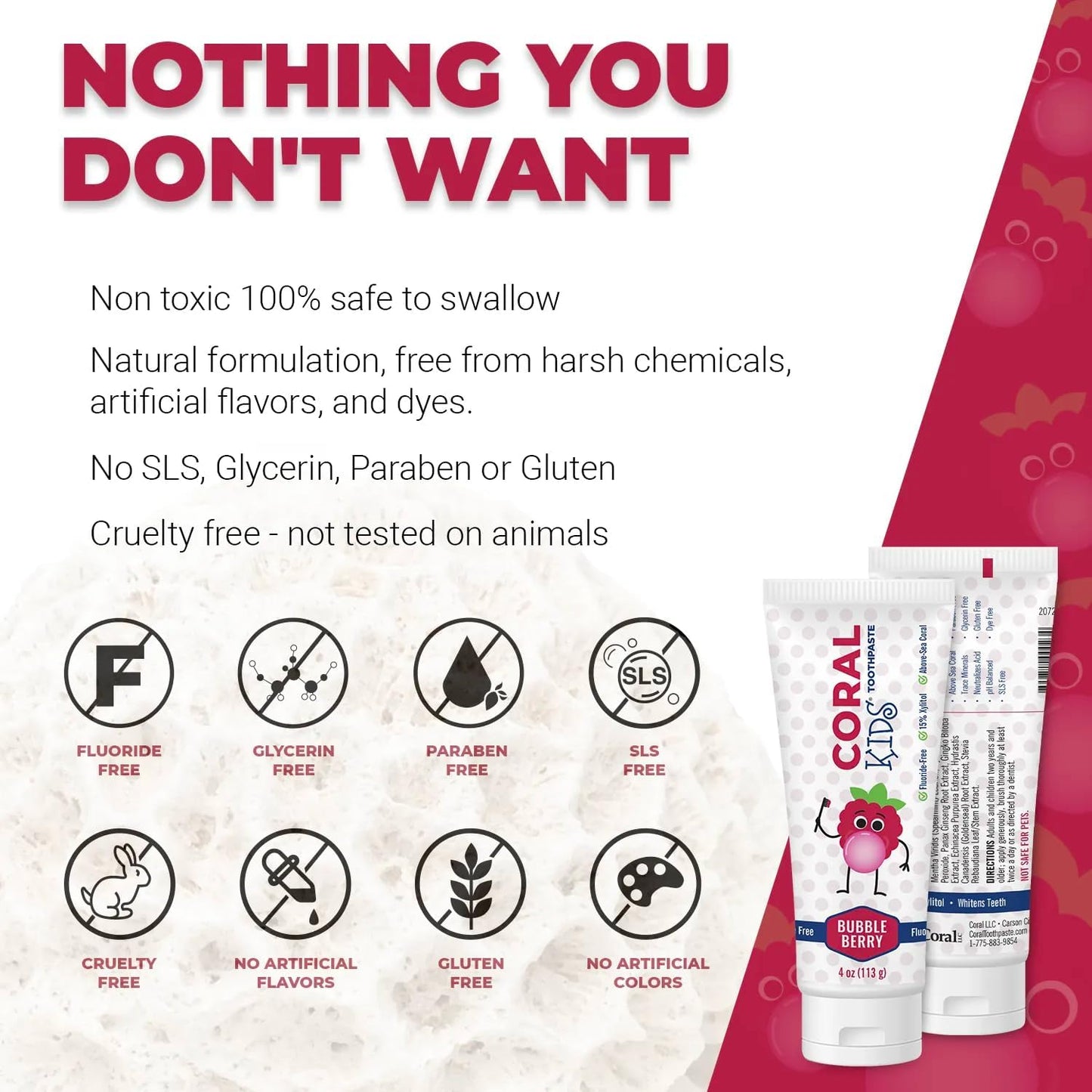 Coral White Kids Bubble Berry Fluoride Free Toothpaste - 4 Ounces (2 Pack)