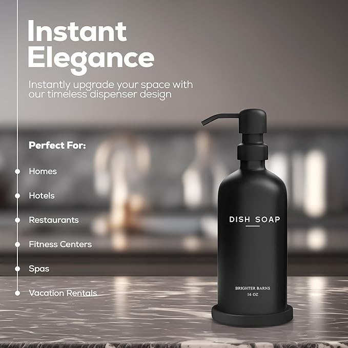 Black Glass Dish Soap Dispenser for Kitchen Sink by Brighter Barns - Modern Kitchen Soap Dispenser Set with Tray and Stainless Steel Pump - Modern Decor for Vacation Rental, Restaurants, Gifts (Black)