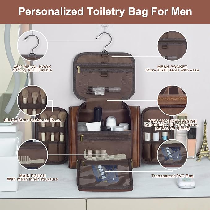 Personalized Toiletry Bag For Men, Large Capacity Travel Doop Kit, Vintage Color PU Leather, Custom Name Initials, Gifts for Dad, Husband, Boyfriend, Groomsmen, Birthday (Style 4)