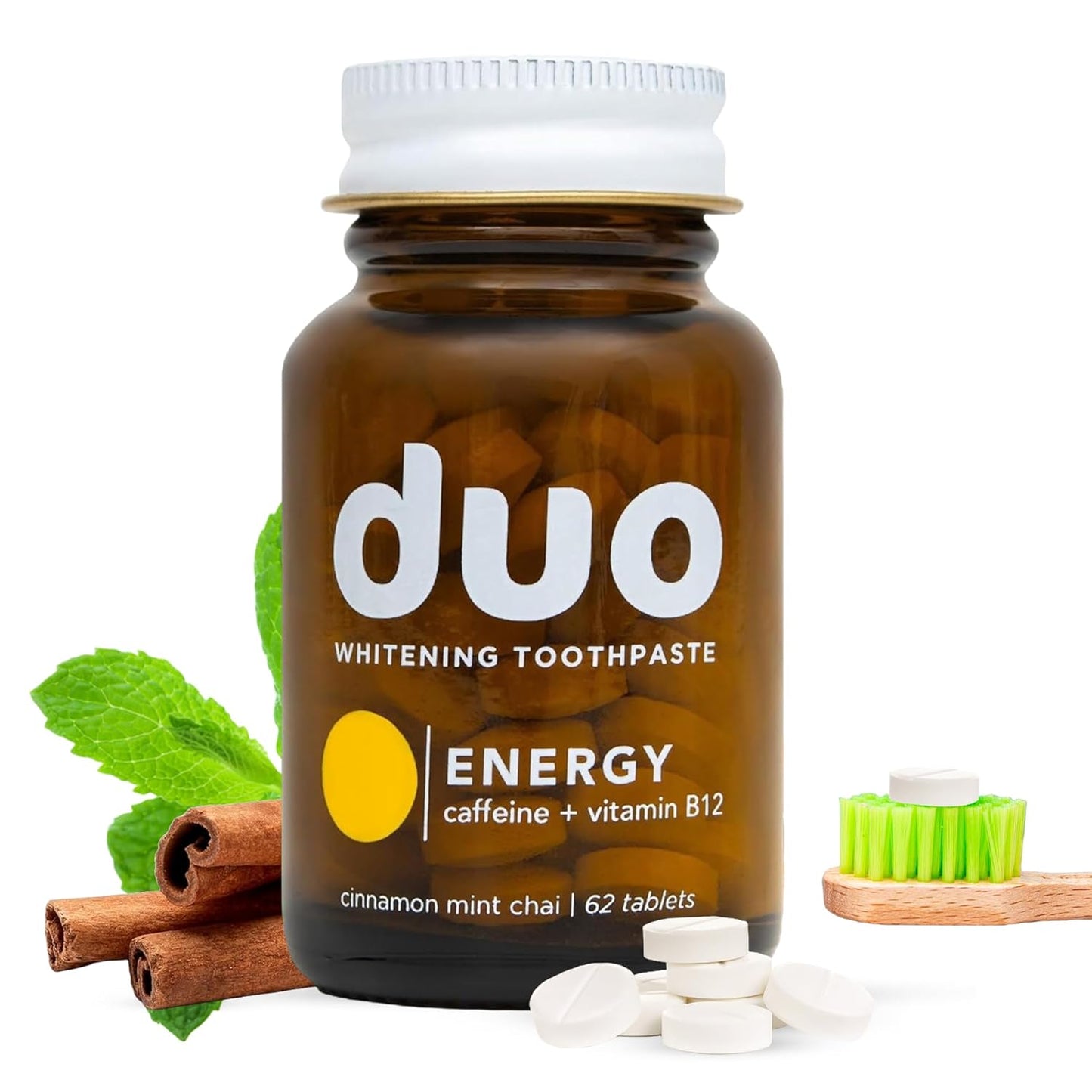Duo Energy Toothpaste Tablets | Caffeine + B12 w/Nano-Hydroxyapatite (nHa) - Whitening, Remineralize & Reduce Sensitivity | Sustainable & Plastic Free | Cinnamon Mint Chai, 1 BTL/62 Tablet