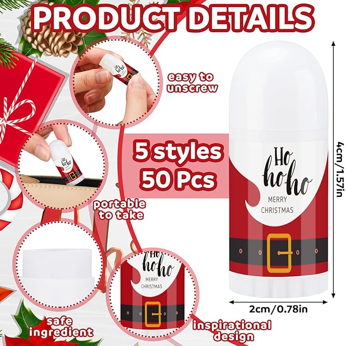 50 Pcs Christmas Mini Lip Balm Pack Thank You Gifts Moisturizer Assorted Flavors Beeswax Natural Ingredients Dry Chapped Lip Care Products for Coworkers Women Friend Men(Santa Claus)