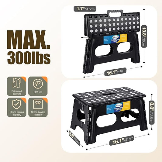 Korpai 9" Folding Step Stool for Adults and Kids 15-Inch Extra Wide Stool Holds Up to 300 lbs,Non-Slip Folding Stools with Handle,Compact Plastic Foldable Step Stool for Bathroom,Kitchen,ect