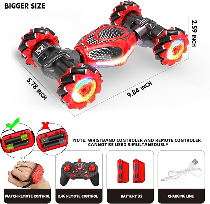 Remote Control Car for Boys - RC Cars for Boy Age 4-12, Gesture Sensing RC Stunt Drift Car for Kids Toys 4 5 6 7 8 9 10 11 12 Year Old Boy Birthday with Cool Lights Music (Red-Black)
